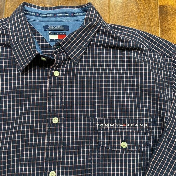 Tommy Jeans Hilfiger Vintage Y2K Button Down Checkered Shirt Navy Red Size XXL - Picture 2 of 8